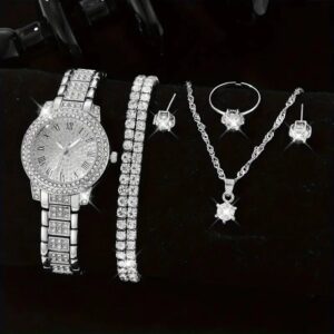 7pcs Ladies Fashion Casual Star Number Full Diamond British Watch White Crystal Love Earrings Necklace Ring Bracelet Gift Set