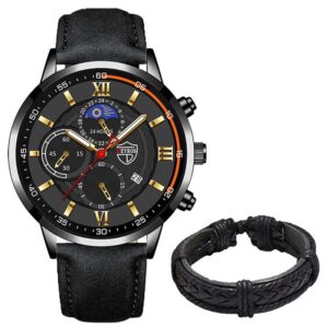 2PCS Set Fashion Mens Sports Watches Man Business Leather Bracelet Quartz Watch Luxury Men Casual Luminous Clock Reloj Hombre