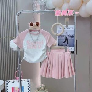 Children Short Sleeves Top Pleated Skirt 2-Piece Suits Girls Letter Print Clothes Kids Casual Sets Teens Summer T-Shirt Outfits
