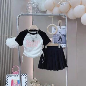 Children Short Sleeves Top Pleated Skirt 2-Piece Suits Girls Letter Print Clothes Kids Casual Sets Teens Summer T-Shirt Outfits