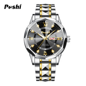 POSHI Men’s Watch Date Week Fashion Watch Men Original Waterproof Non-mechanical Luminous Dual Calendar Quartz Wristwatch