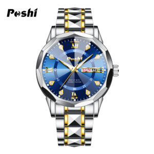 POSHI Men’s Watch Date Week Fashion Watch Men Original Waterproof Non-mechanical Luminous Dual Calendar Quartz Wristwatch