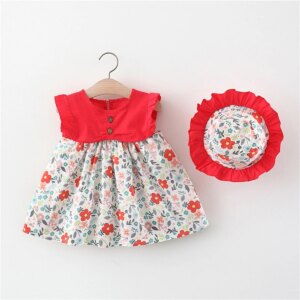 2Pcs Summer Girls’ Baby Sleeveless Dress With Flower Print Splice Infant Dress Pastoral Style Girl Children’S Clothing+Gift Hat