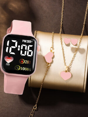 1pcs Love Digital Pink Silicone Sports LED Electronic Watch Watch 4pcs Jewelry Set to Daughter Graduation Season Gift