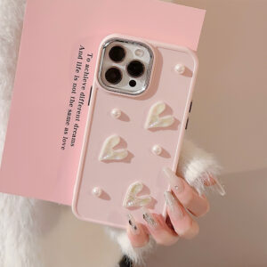 3D Cute Flower Pearl Heart Phone Case for iPhone 15 14 13 12 11 Pro Max Plus XS XR X Shockproof Drop Protect Back Cover Luxury