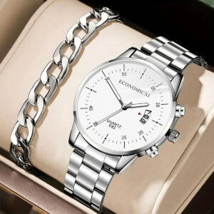 2Pcs Men’s Fashion Business Casual Three Eyes Calendar Luminous Digital Steel Band Quartz Watch Alloy Bracelet Set
