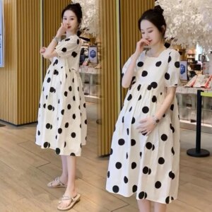 Fashionable Loose Long Pregnancy Dress Polka Dot T-shirt Summer Clothes Women Short Sleeve Fiber Fabric
