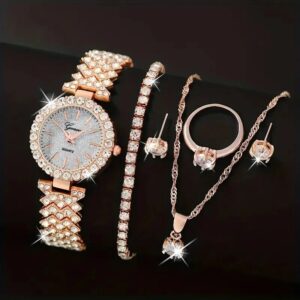 6pcs Ladies Fashion Casual Star Number Full Diamond British Watch White Crystal Love Earrings Necklace Ring Bracelet Gift Set