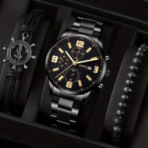 3PS Men’s Simple Business Leisure Three Eyes Digital Calendar Luminous Hands Quartz Steel Band Watch Fashion Luxury Bracelet Set