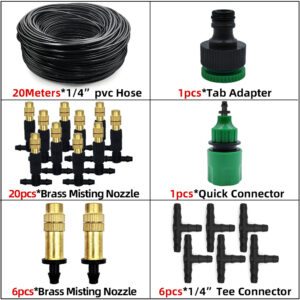 15M-30M Outdoor Misting Cooling System Garden Irrigation Watering 1/4” Brass Atomizer Nozzles 4/7mm Hose for Patio Greenhouse
