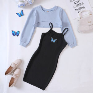 Kids Casual Clothing Sets Outfits for Girls 2023 Autumn Children Fashion Long Sleeve Short Tops Print Cami Bodycon Dress 5-14Y