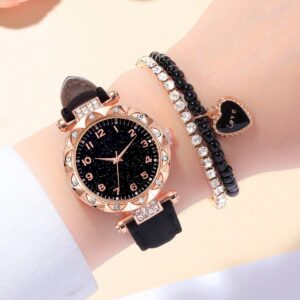 3PCs Fashion Versatile Starry Sky Diamond Embedding Women’s Belt Quartz Watch with Diamond Embedding Bracelet Set