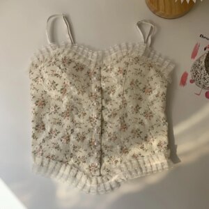 Lace Flower Print Cami Crop Tank Tops Summer Camisole Women’s Tube Top Elegant Slim Short Tanks Vest Sexy Y2k Pearl