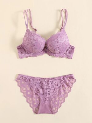 1 Set Elegant Lace Embroidery & Breathable Fabric Lingerie Set: Push-Up Bra, Drop Waist Sheer Panty – Ultimate Valentine’s Day