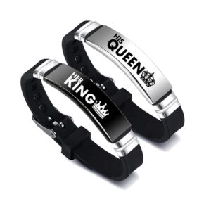 2 Pcs/Set His Queen Her King Couple Bracelet Stainless Steel Adjustable Silicone Strap Bangle Valentine’s Day Gift