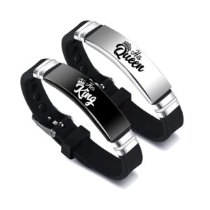 2 Pcs/Set His Queen Her King Couple Bracelet Stainless Steel Adjustable Silicone Strap Bangle Valentine’s Day Gift