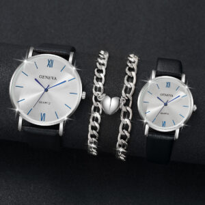 4PCS/Set Couple’s Watches Fashion Roma Dial Leather Band Quartz Watch Heart Bracelets Set