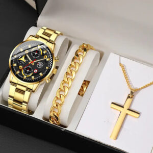 DEYROS 3pcs Set Luxury Mens Stainless Steel Watches Fashion Business Quartz Wristwatch Casual Sports Watch Bracelet Necklace