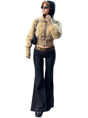 CUTENOVA Fashionable Leopard Print Patchwork Low Waist Flared Pants For Women To Slim Down 2024 Spring Casual Solid Color Pant