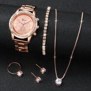 6PCS/Set Fashion Rhinestone Women’s Watch Stainless Steel Band Quartz Watches Diamond Jewelry Set(Without Box)