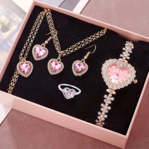 6pcs Women’s Watch Rhinestone Heart Pointer Quartz Watch Cute Bracelet Wrist Watch & Jewelry Set, Gift For Her