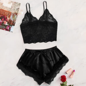 2024 Summer 2 Pcs Women’s New Sexy Lace See-Through Pajamas Black Pink Cute Clothes Comfortable Breathable Suspender Shorts Set