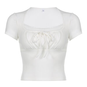 CIBBAR White Stitched Crop Top Women Casual Vintage Fake Two-piece Lace Patchwork Short Sleeve T Shirt y2k Summer Tees Aesthetic