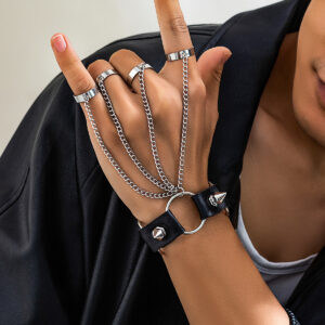 KunJoe Gothic Rivet Black PU Leather Link Chain Bracelet With Finger Ring for Men Punk Silver Color Cuban Chain Wrist Bracelet
