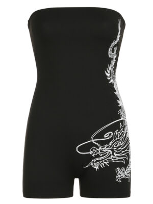 Sweetown Dragon Print Sleeveless Strapless Skinny Sexy Rompers Womens Black Chinese Style Playsuit Summer Baddie Short Overalls