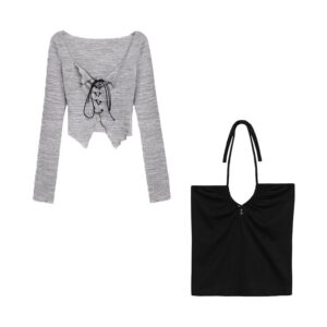 Korean Two Piece Suit Suspender Cardigan Women’s Autumn Sexy V-neck Slim Y2K Crop Long Sleeve Cross Bandage Knit Tops