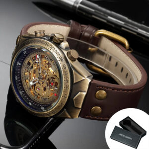 Bronze Retro Skeleton Automatic Mechanical Watch for Men Luminous Hand Brown Genuine Leather Belt Luxury Brand Steampunk Watches
