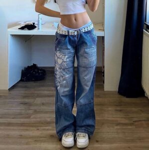 Printed Straight Jeans For Women, Spring High Waist, Slim And Loose Design, Niche Irregular Retro Blue Wide Legs