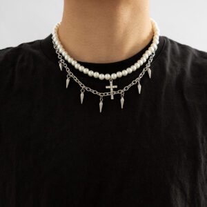 Punk Pearl Beads Chain Spikes/Cross Pendant Necklace Men Hiphop Layered Stainless Steel Choker Necklace Set 2023 Fashion Jewelry
