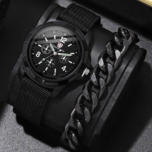 2PCs Fashion Leisure Sports Men’s Canvas with Quartz Watch and Chain Bracelet Set