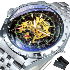 JARAGAR Military Mens Watch Steampunk Skeleton Automatic Mechanical Watches Luxury Steel Strap Luminous Pointer Sport Wristwatch