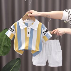 Boys Summer Pure Suit New Style Short Sleeve Shorts Cotton Two-Piece Children’s Striped Handsome Summer Children’s Suit