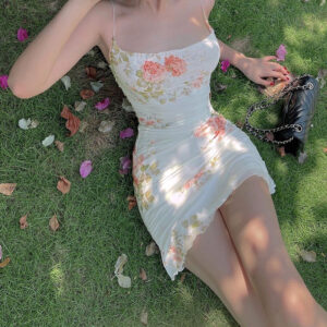 Women’s Summer Short Dress New Sweet Printed Halter Mesh Slim Retro Flower Dresses