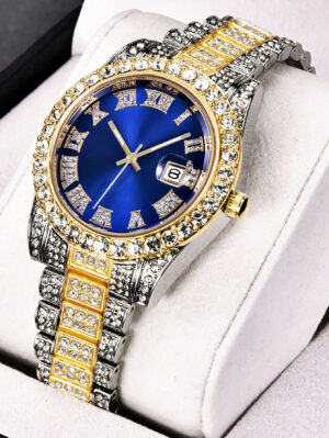Full Faux Diamond Steel Strap Large Dial Quartz Watch