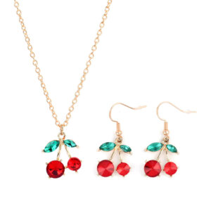 Luoluo&baby Red Cherry Earrings and Necklace for Women Personality Fashion Necklace Wedding Jewelry Birthday Gifts