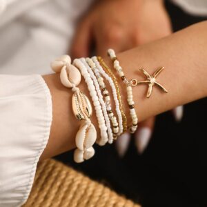 7Pcs/set Bohemian Starfish Shell Rice Bead Bracelet, Suitable for Daily Pairing