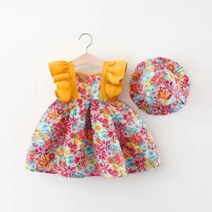 Summer New Girl Baby Strap Dress Fragmented Flower Children’s Sleeveless Princess Dress 0-3 Year Old Newborn Comes with Hat