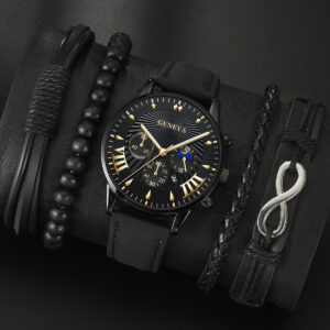 5PCS Men’s Fashion Versatile Trend Business Calendar Belt Quartz Watch+4 Personalized Bracelets