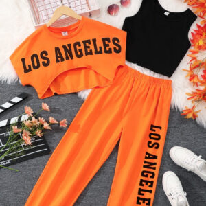 3 Pcs Set Teens Girls Clothing Short Top+Tank Top+Pant 13 14 15 16 Years Old Summer Casual Fashion Letter Printed Orange Suit