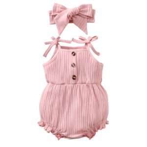 0-9 Months Newborn Baby Girl Romper Pink Ribbed Sling Bodysuit+ Headwear Summer Fashion Cute Button Decoration Jumpsuit