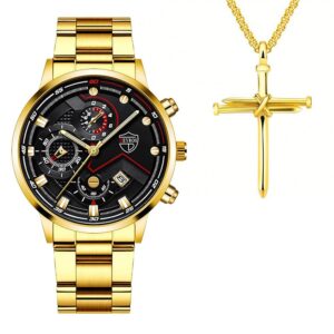 2PCS Fashion Mens Necklace Watches Set Men Business Calendar Stainless Steel Quartz Watch Male Casual Sports Wristwatch