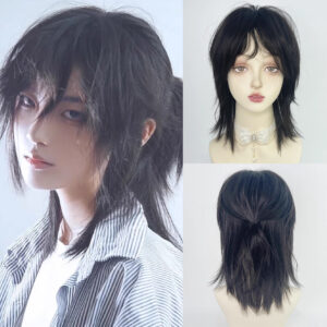 Short Mullet Head Wigs with Bangs Synthetic Straight Anime Men Black Gray Green Hair Wig for Daily Party Cosplay
