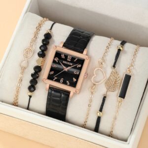6pcs Square Quartz Watch Dainty Bracelets Set Women Black White Watch Dial Leather Strap Heart Leaf Infinity Bracelets Set