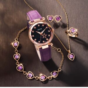 Fashion Commuting Full Sky Star Five pointed Star Women’s PU Leather Watch Heart shaped Water Diamond Necklace Bracelet Earring