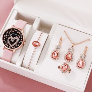 6PCS Set Women Love Dial Watch Brand Design Female Clock Pink Leather Band Ladies Watches Simple Casual Quartz Wristwatches