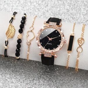 6pcs Ladies Fashion Casual Star Butterfly Digital Rhinestone Belt Quartz Watch Feather Love Crystal Bracelet Gift Set